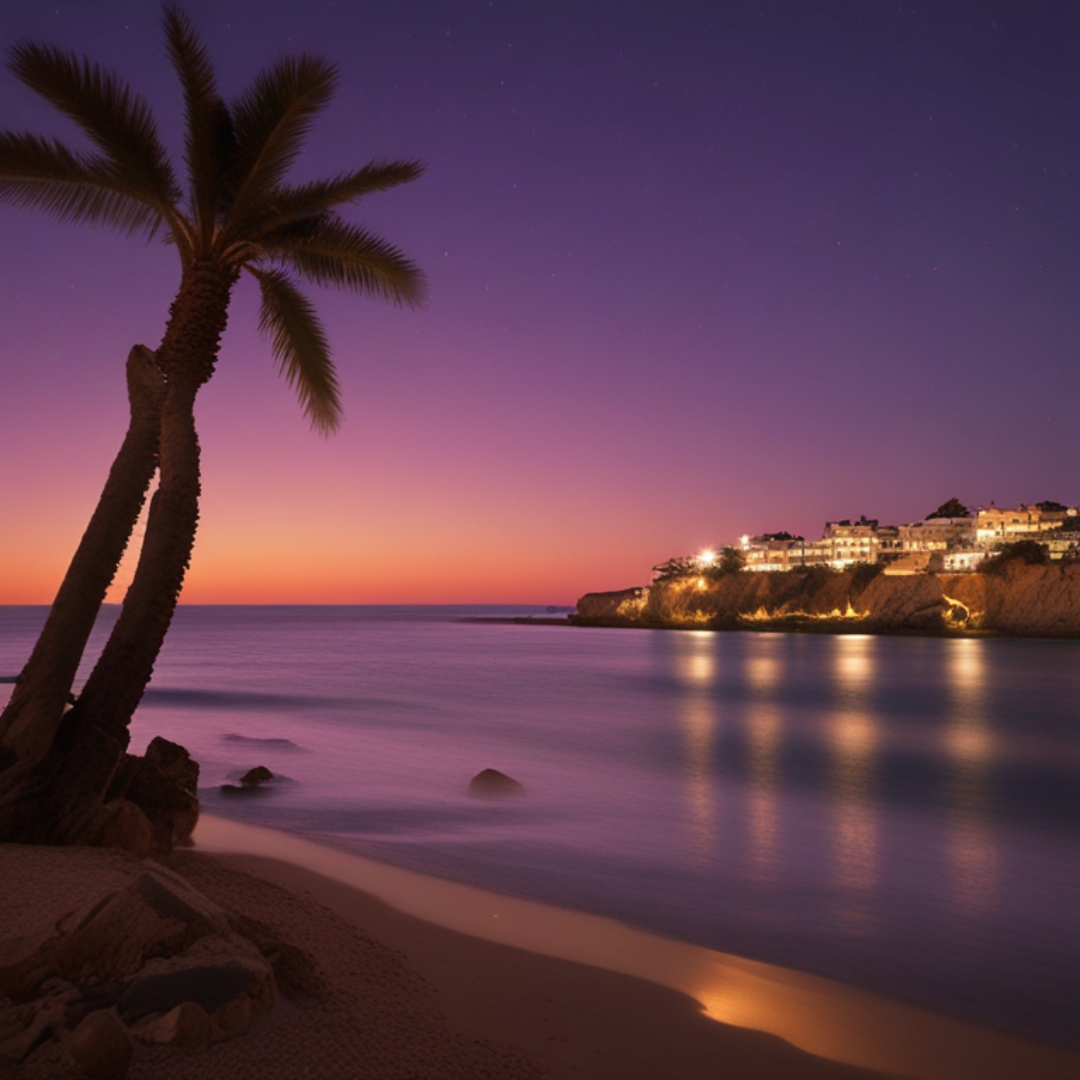 Sunset on a beach with palm trees and calm waters.